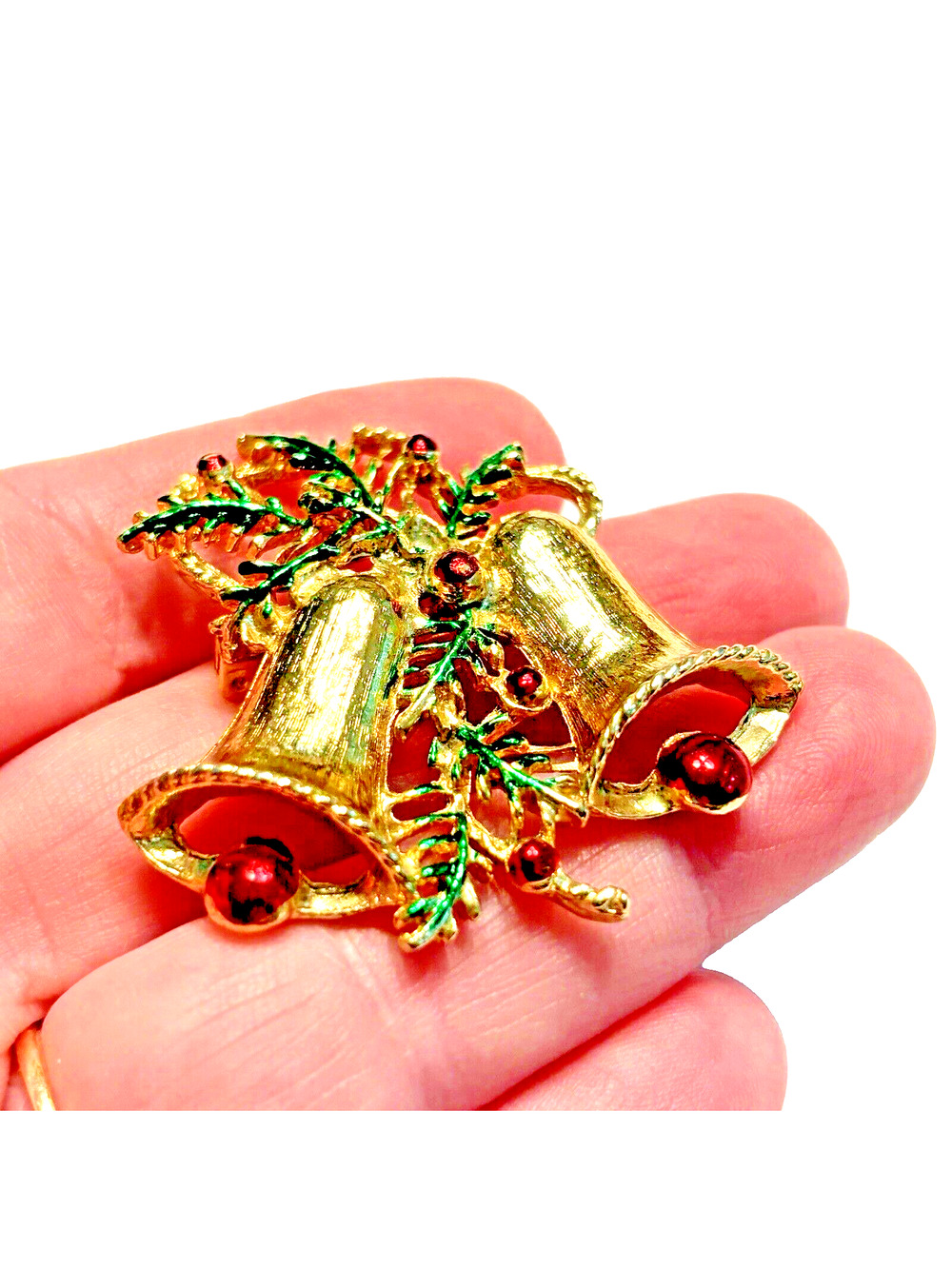 Vintage Christmas Bells Brooch Festive Holiday Pin Holly Berry Gold Red Green